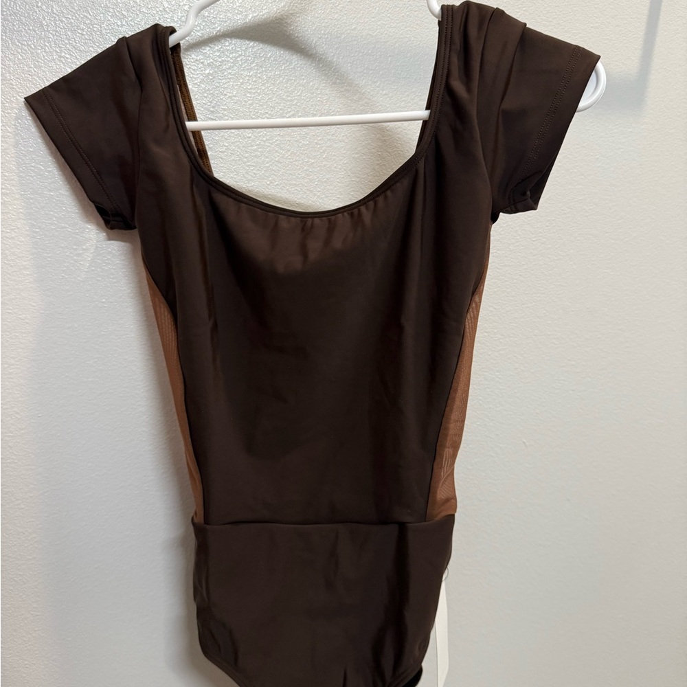 Brown Eleve Cap Sleeve Leotard with Mesh